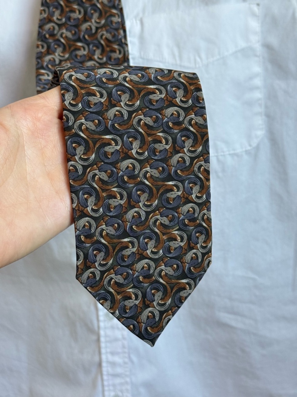 Vintage Gilda’s Club 100% Silk Tie Blue Brown Geometric Abstract Made in USA